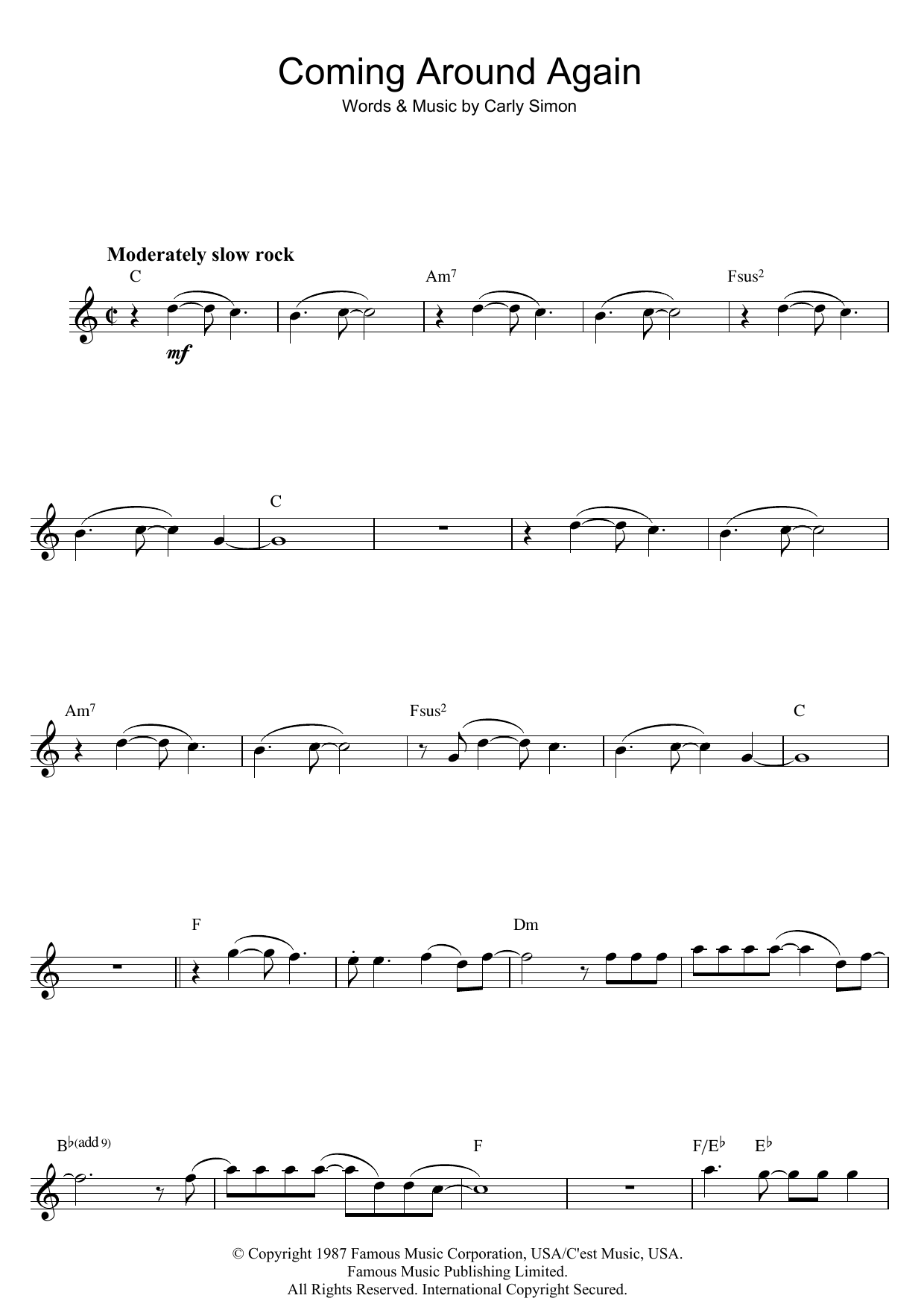 Carly Simon Coming Around Again sheet music notes and chords. Download Printable PDF.