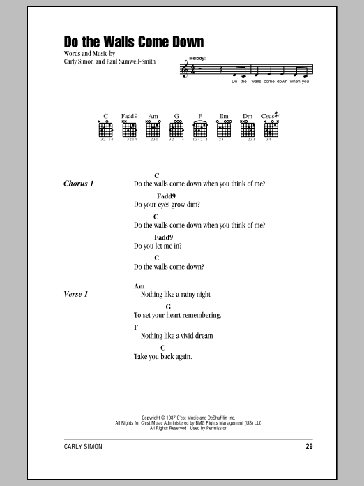 Carly Simon Do The Walls Come Down sheet music notes and chords. Download Printable PDF.