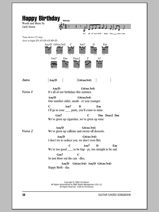 Carly Simon Happy Birthday sheet music notes and chords. Download Printable PDF.