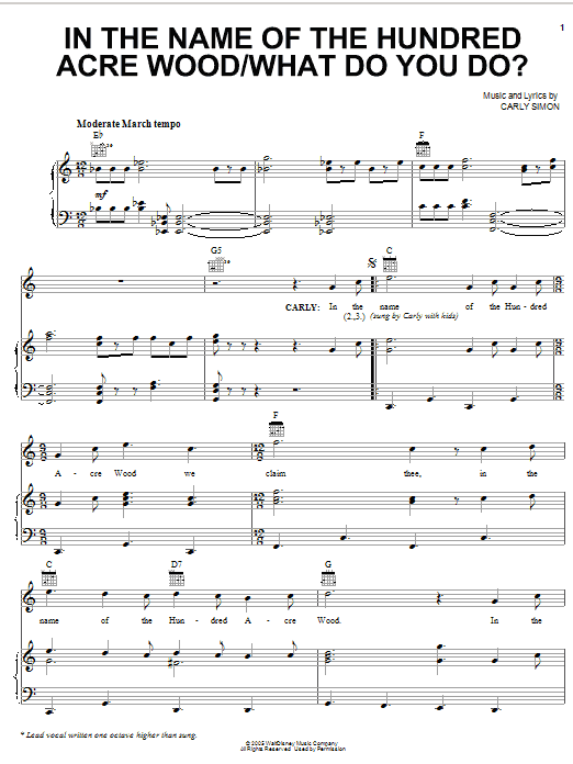 Learn to play Carly Simon In The Name Of The Hundred Acre Wood/What Do You Do? (from Pooh's Heffalump Movie) sheet music for Piano, Vocal & Guitar Chords (Right-Hand Melody) in minutes. Price: 7.8900$ Carly Simon In The Name Of The Hundred Acre Wood/What Do You Do? (from Pooh's Heffalump Movie) sheet music notes and chords arranged for Piano, Vocal & Guitar Chords (Right-Hand Melody)
