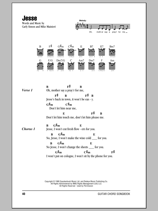 Carly Simon Jesse sheet music notes and chords arranged for Guitar Chords/Lyrics