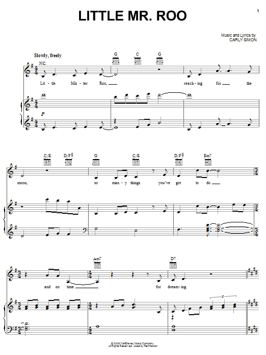 Learn to play Carly Simon Little Mr. Roo (from Pooh's Heffalump Movie) sheet music for Piano, Vocal & Guitar Chords (Right-Hand Melody) in minutes. Price: 7.8900$ Carly Simon Little Mr. Roo (from Pooh's Heffalump Movie) sheet music notes and chords arranged for Piano, Vocal & Guitar Chords (Right-Hand Melody)