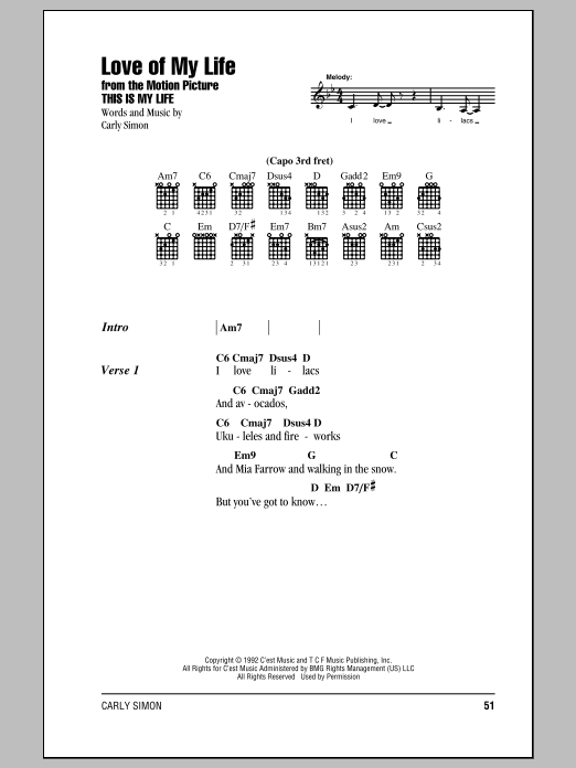 Carly Simon Love Of My Life sheet music notes and chords. Download Printable PDF.