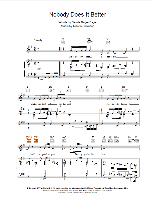 Carly Simon Nobody Does It Better sheet music notes and chords. Download Printable PDF.