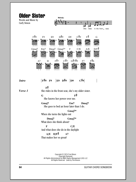 Learn to play Carly Simon Older Sister sheet music for Guitar Chords/Lyrics in minutes. Price: 4.4900$ Carly Simon Older Sister sheet music notes and chords arranged for Guitar Chords/Lyrics