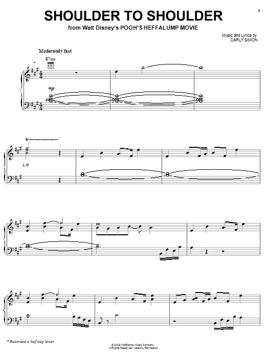 Learn to play Carly Simon Shoulder To Shoulder (from Pooh's Heffalump Movie) sheet music for Piano, Vocal & Guitar Chords (Right-Hand Melody) in minutes. Price: 7.8900$ Carly Simon Shoulder To Shoulder (from Pooh's Heffalump Movie) sheet music notes and chords arranged for Piano, Vocal & Guitar Chords (Right-Hand Melody)