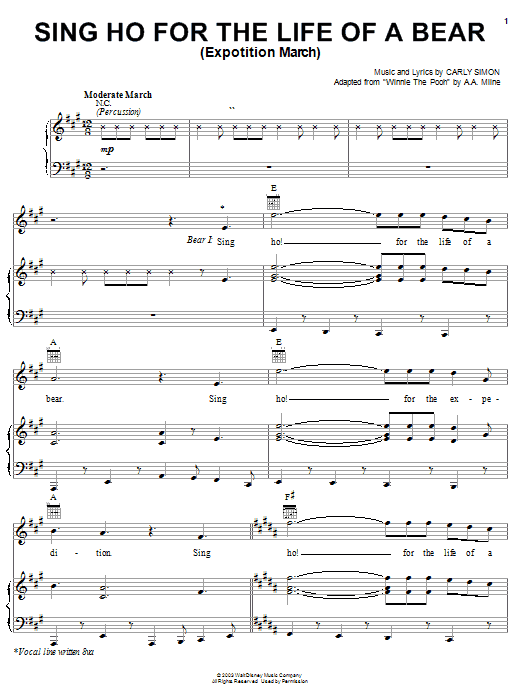 Learn to play Carly Simon Sing Ho For The Life Of A Bear (Expotition March) (from Piglet's Big Movie) sheet music for Piano, Vocal & Guitar Chords (Right-Hand Melody) in minutes. Price: 7.8900$ Carly Simon Sing Ho For The Life Of A Bear (Expotition March) (from Piglet's Big Movie) sheet music notes and chords arranged for Piano, Vocal & Guitar Chords (Right-Hand Melody)