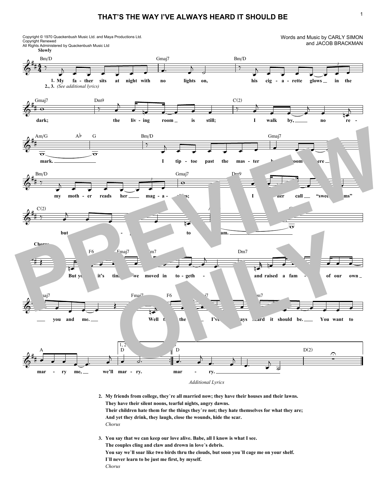 Carly Simon That's The Way I've Always Heard It Should Be sheet music notes and chords arranged for Piano, Vocal & Guitar Chords (Right-Hand Melody)