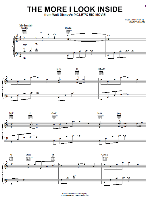 Learn to play Carly Simon The More I Look Inside (from Piglet's Big Movie) sheet music for Piano, Vocal & Guitar Chords (Right-Hand Melody) in minutes. Price: 7.8900$ Carly Simon The More I Look Inside (from Piglet's Big Movie) sheet music notes and chords arranged for Piano, Vocal & Guitar Chords (Right-Hand Melody)