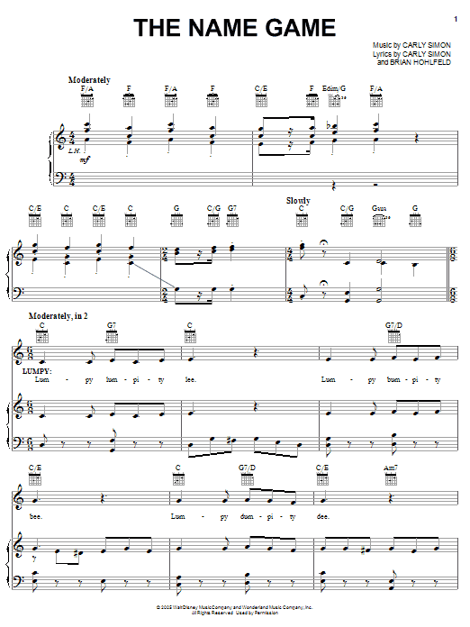 Learn to play Carly Simon The Name Game (from Pooh's Heffalump Movie) sheet music for Piano, Vocal & Guitar Chords (Right-Hand Melody) in minutes. Price: 7.8900$ Carly Simon The Name Game (from Pooh's Heffalump Movie) sheet music notes and chords arranged for Piano, Vocal & Guitar Chords (Right-Hand Melody)