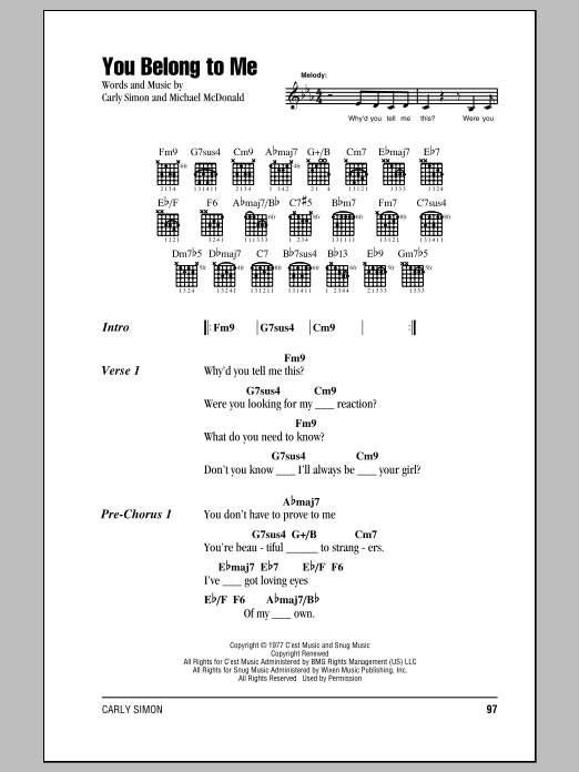 Carly Simon You Belong To Me sheet music notes and chords. Download Printable PDF.