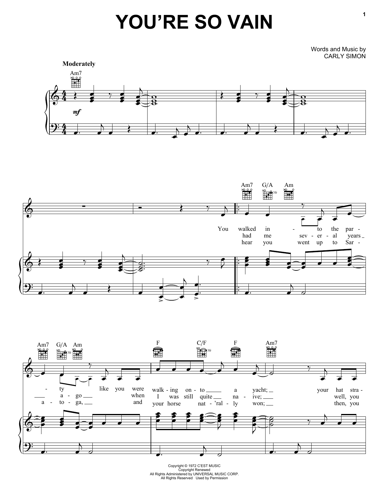 Carly Simon You're So Vain sheet music notes and chords. Download Printable PDF.