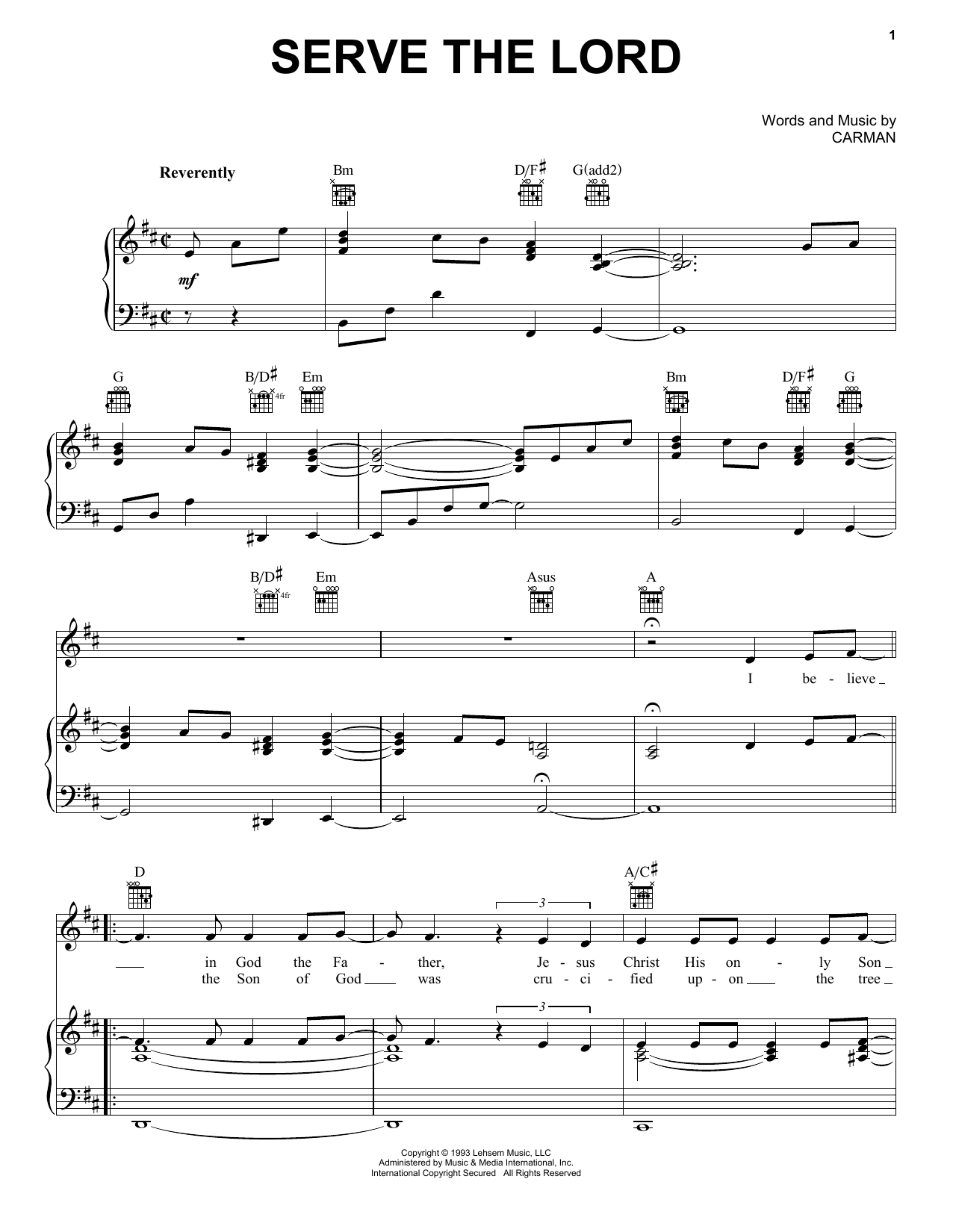 Carman Serve The Lord sheet music notes and chords. Download Printable PDF.