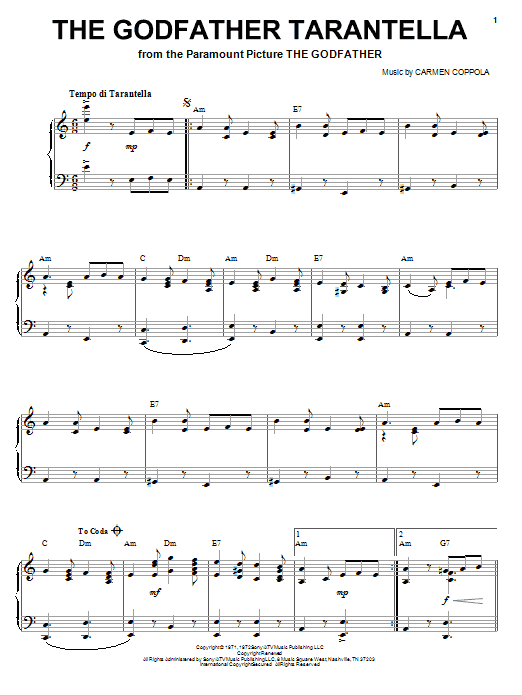 Learn to play Carmine Coppola The Godfather Tarantella sheet music for Piano, Vocal & Guitar Chords (Right-Hand Melody) in minutes. Price: 7.8900$ Carmine Coppola The Godfather Tarantella sheet music notes and chords arranged for Piano, Vocal & Guitar Chords (Right-Hand Melody)