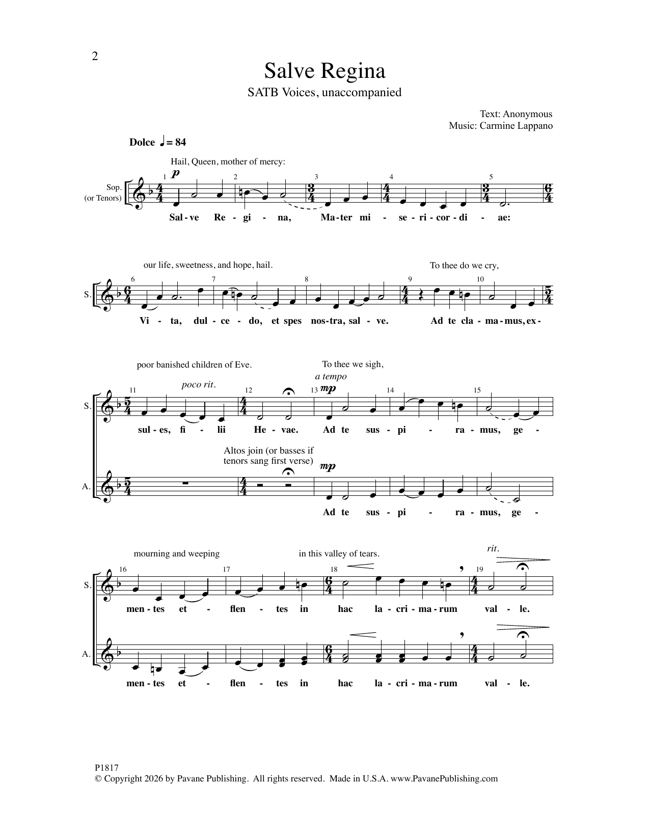 Download Salve Regina Sheet Music PDF Carmine Lappano SATB Choir 