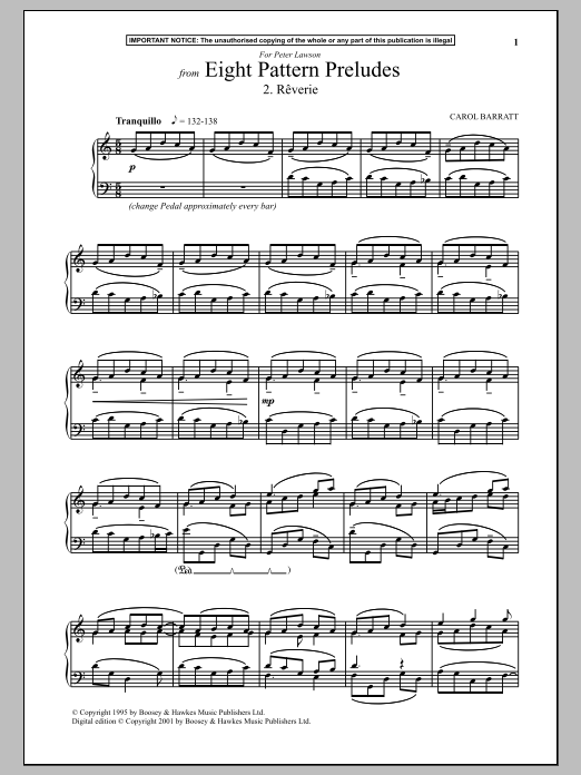 Learn to play Carol Barratt Eight Pattern Preludes, 2. Reverie sheet music for Piano Solo in minutes. Price: 7.8900$ Carol Barratt Eight Pattern Preludes, 2. Reverie sheet music notes and chords arranged for Piano Solo