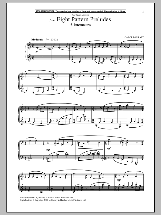 Learn to play Carol Barratt Eight Pattern Preludes, 5. Intermezzo sheet music for Piano Solo in minutes. Price: 7.8900$ Carol Barratt Eight Pattern Preludes, 5. Intermezzo sheet music notes and chords arranged for Piano Solo
