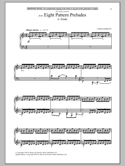 Learn to play Carol Barratt Eight Pattern Preludes, 6. Etude sheet music for Piano Solo in minutes. Price: 7.8900$ Carol Barratt Eight Pattern Preludes, 6. Etude sheet music notes and chords arranged for Piano Solo