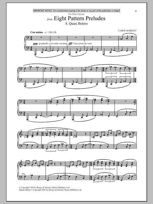 Learn to play Carol Barratt Eight Pattern Preludes, 8. Quasi Bolero sheet music for Piano Solo in minutes. Price: 7.8900$ Carol Barratt Eight Pattern Preludes, 8. Quasi Bolero sheet music notes and chords arranged for Piano Solo