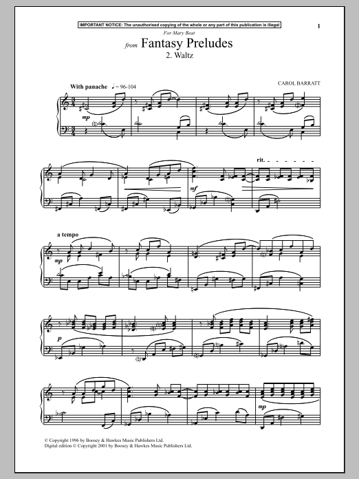 Learn to play Carol Barratt Fantasy Preludes, 2. Waltz sheet music for Piano Solo in minutes. Price: 7.8900$ Carol Barratt Fantasy Preludes, 2. Waltz sheet music notes and chords arranged for Piano Solo