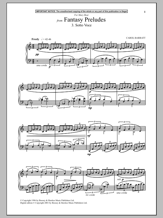 Learn to play Carol Barratt Fantasy Preludes, 3. Sotto Voce sheet music for Piano Solo in minutes. Price: 7.8900$ Carol Barratt Fantasy Preludes, 3. Sotto Voce sheet music notes and chords arranged for Piano Solo