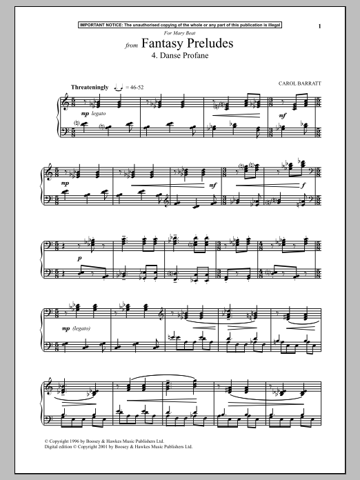 Learn to play Carol Barratt Fantasy Preludes, 4. Danse Profane sheet music for Piano Solo in minutes. Price: 7.8900$ Carol Barratt Fantasy Preludes, 4. Danse Profane sheet music notes and chords arranged for Piano Solo