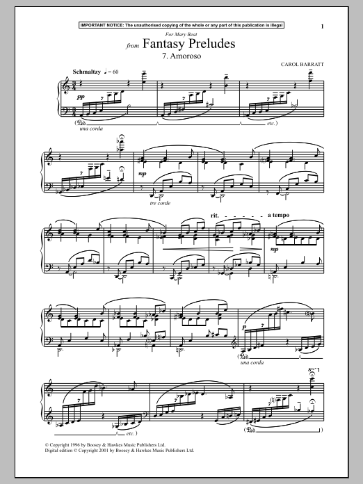Carol Barratt Fantasy Preludes, 7. Amoroso sheet music notes and chords arranged for Piano Solo