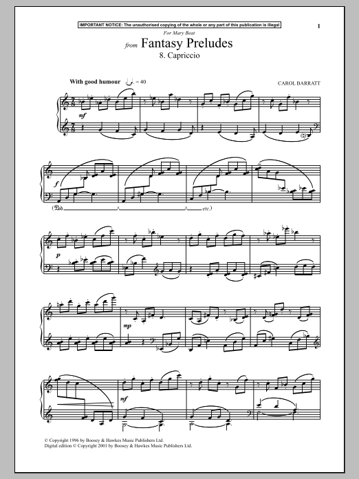 Learn to play Carol Barratt Fantasy Preludes, 8. Capriccio sheet music for Piano Solo in minutes. Price: 7.8900$ Carol Barratt Fantasy Preludes, 8. Capriccio sheet music notes and chords arranged for Piano Solo