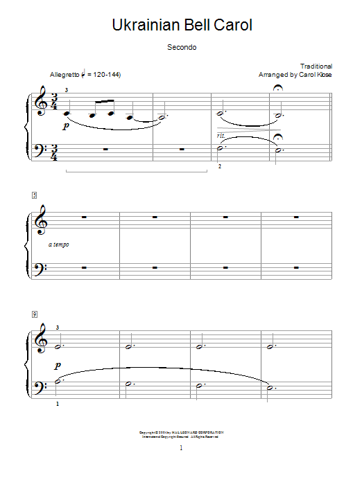 Traditional Ukrainian Bell Carol sheet music notes and chords arranged for Piano Duet