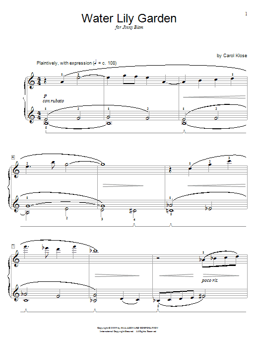 Learn to play Carol Klose Water Lily Garden sheet music for Educational Piano in minutes. Price: 6.9900$ Carol Klose Water Lily Garden sheet music notes and chords arranged for Educational Piano