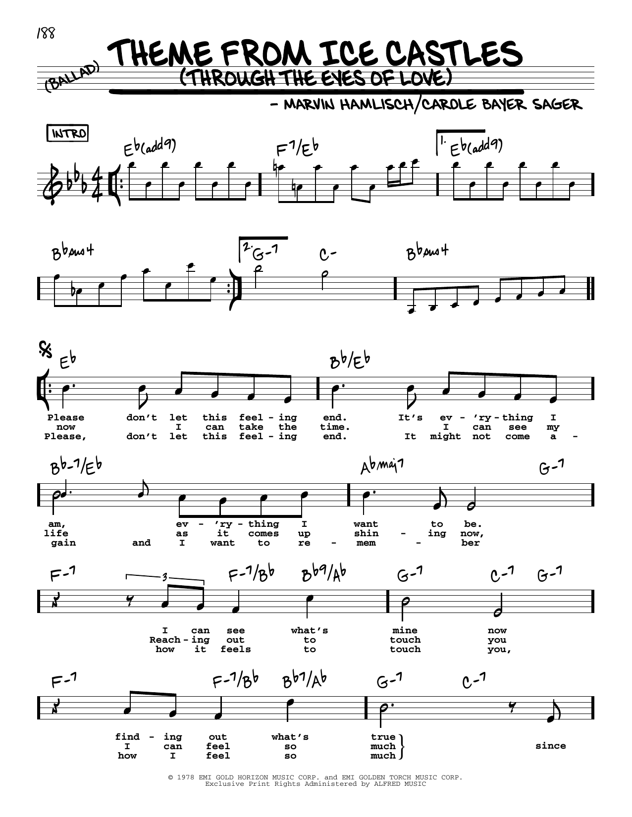 Carole Bayer Sager Theme From Ice Castles (Through The Eyes Of Love) (High Voice) sheet music notes and chords. Download Printable PDF.