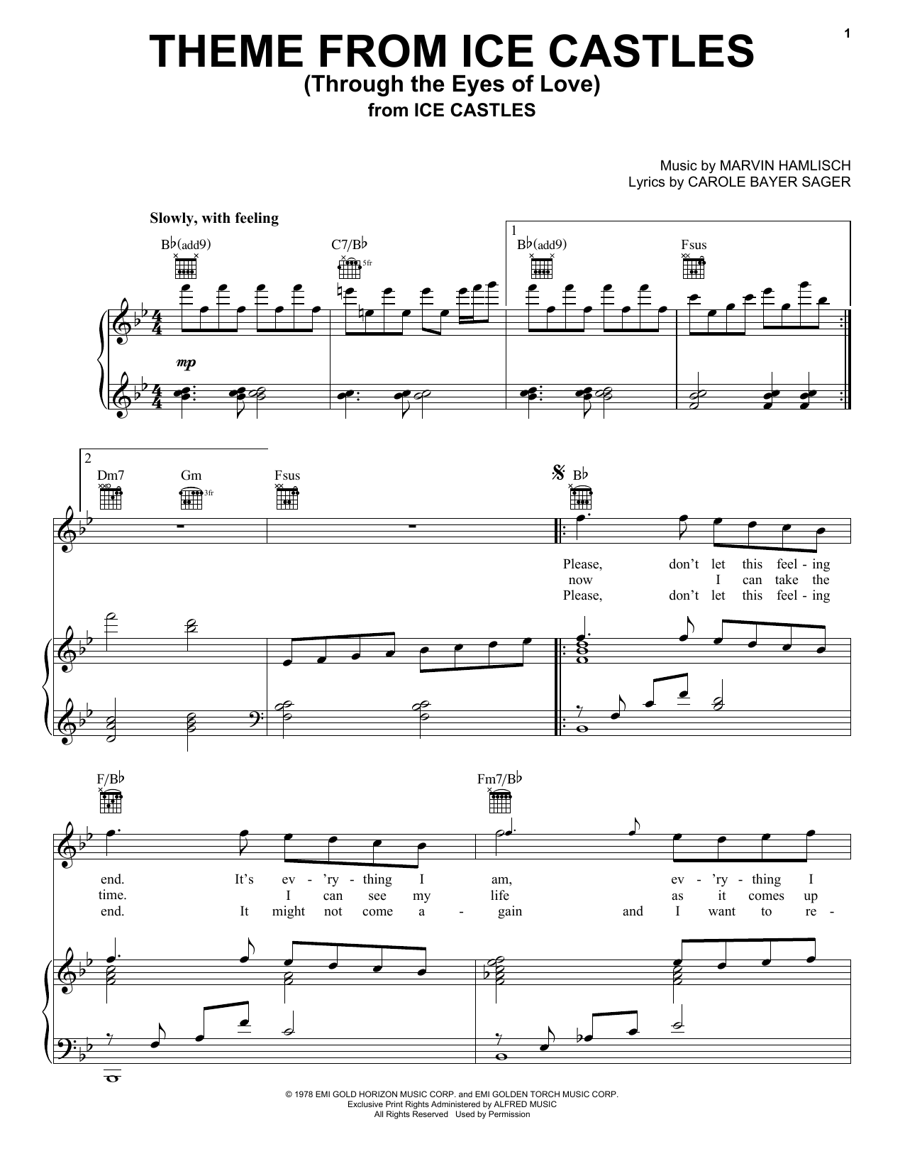 Carole Bayer Sager Theme From Ice Castles (Through The Eyes Of Love) sheet music notes and chords. Download Printable PDF.