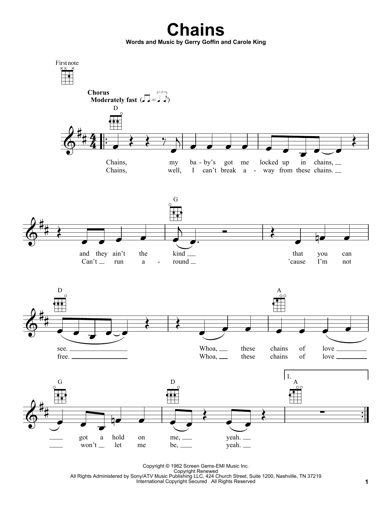 Carole King Chains sheet music notes and chords arranged for Ukulele