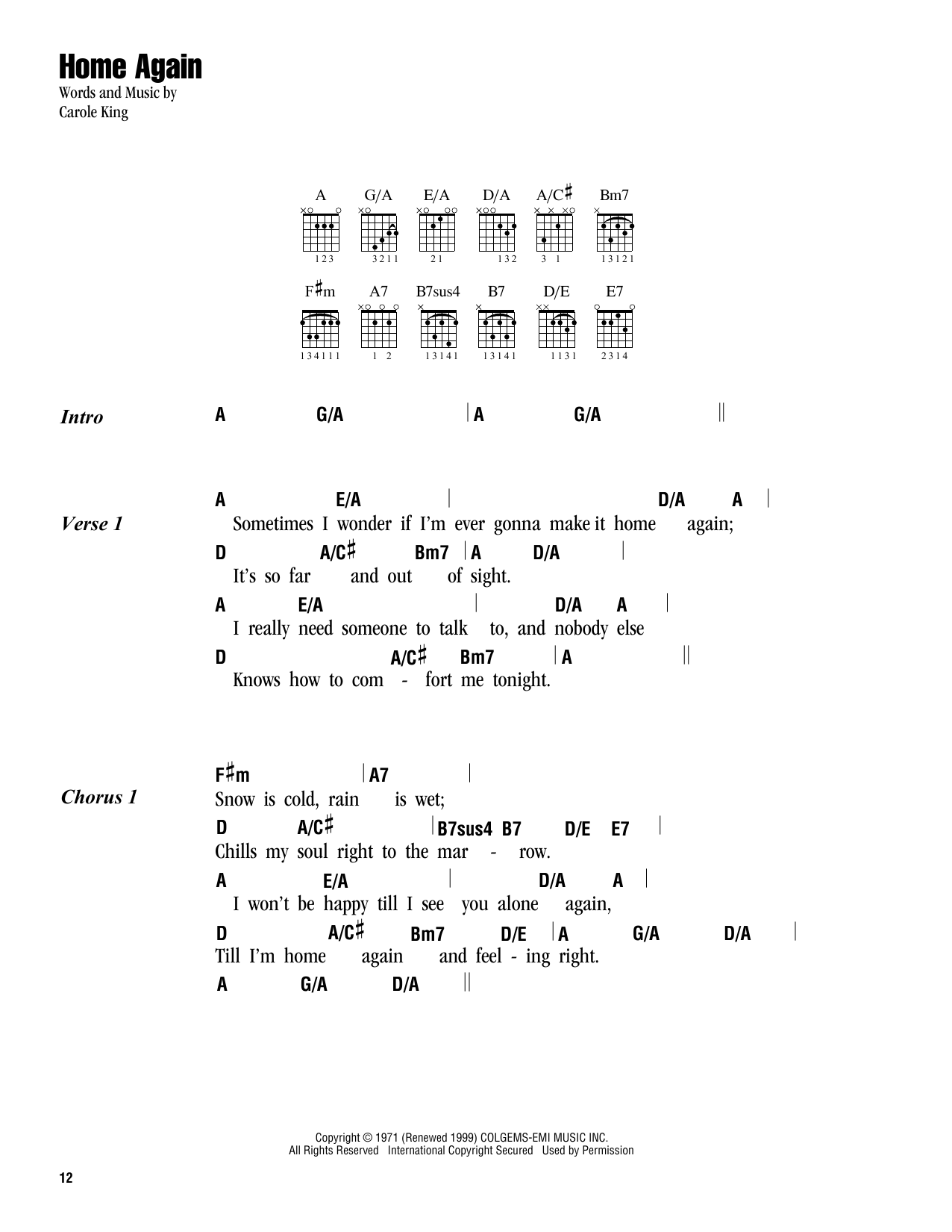 Carole King Home Again sheet music notes and chords. Download Printable PDF.