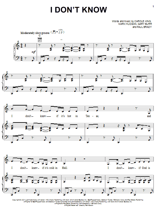 Learn to play Carole King I Don't Know sheet music for Piano, Vocal & Guitar Chords (Right-Hand Melody) in minutes. Price: 7.8900$ Carole King I Don't Know sheet music notes and chords arranged for Piano, Vocal & Guitar Chords (Right-Hand Melody)