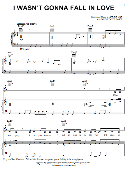 Learn to play Carole King I Wasn't Gonna Fall In Love sheet music for Piano, Vocal & Guitar Chords (Right-Hand Melody) in minutes. Price: 7.8900$ Carole King I Wasn't Gonna Fall In Love sheet music notes and chords arranged for Piano, Vocal & Guitar Chords (Right-Hand Melody)