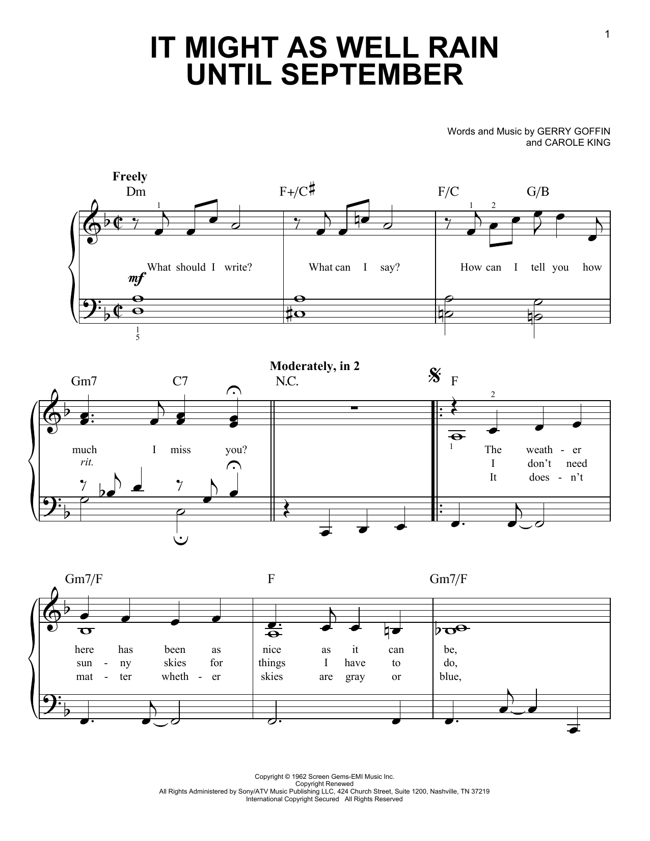 Carole King It Might As Well Rain Until September sheet music notes and chords. Download Printable PDF.