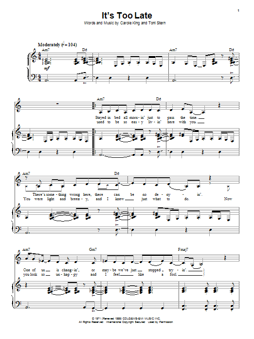 Carole King It's Too Late sheet music notes and chords. Download Printable PDF.