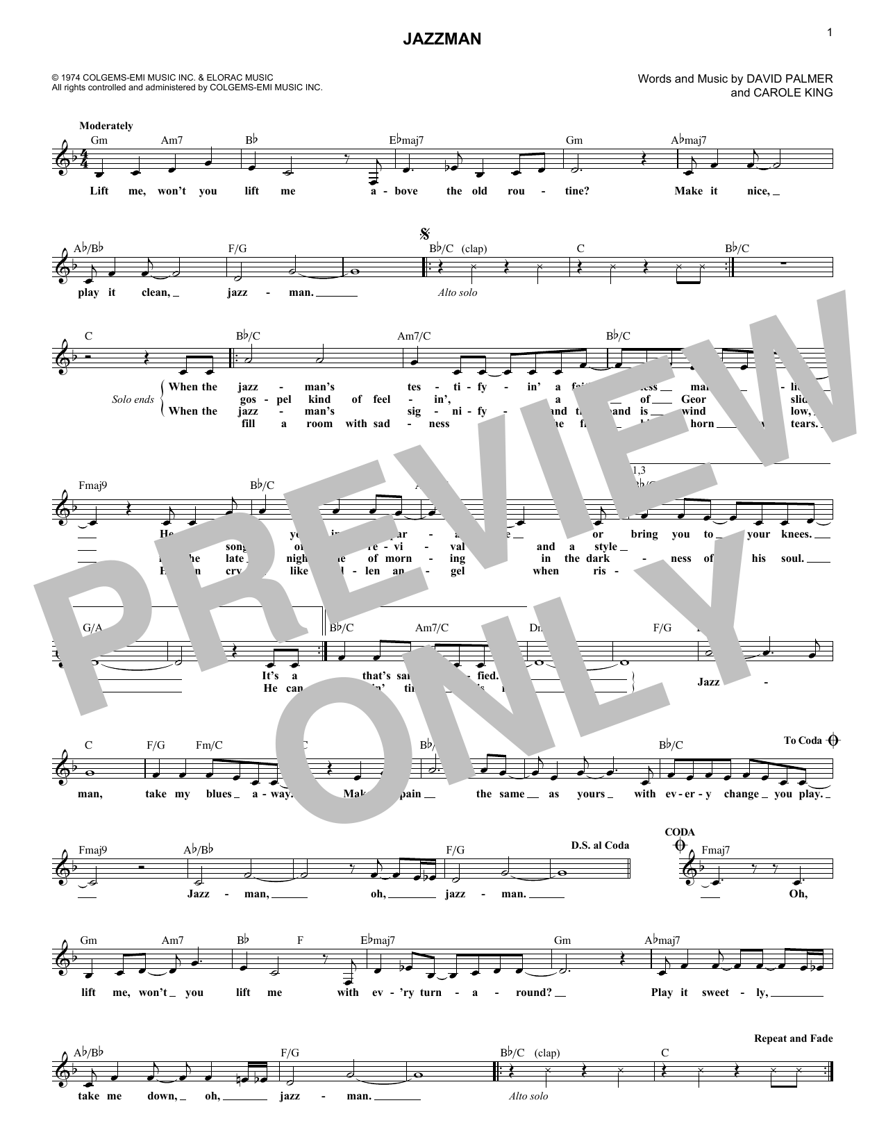 Carole King Jazzman sheet music notes and chords. Download Printable PDF.