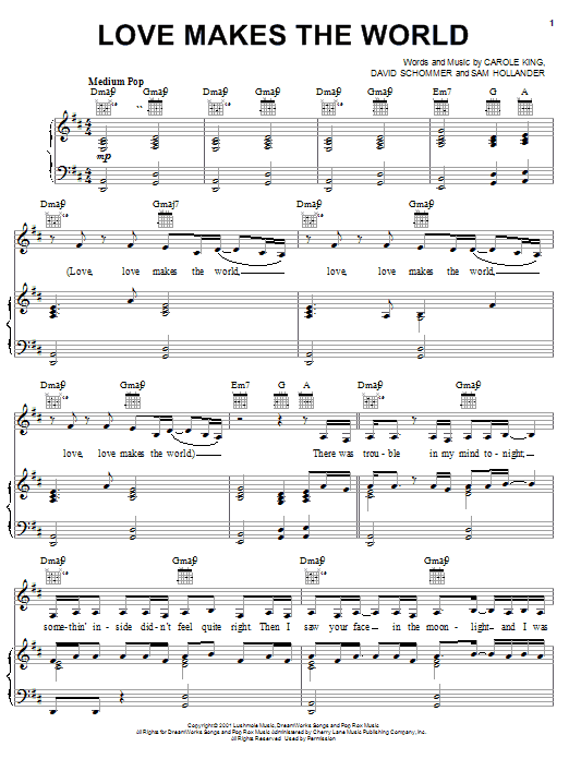 Learn to play Carole King Love Makes The World sheet music for Piano, Vocal & Guitar Chords (Right-Hand Melody) in minutes. Price: 7.8900$ Carole King Love Makes The World sheet music notes and chords arranged for Piano, Vocal & Guitar Chords (Right-Hand Melody)