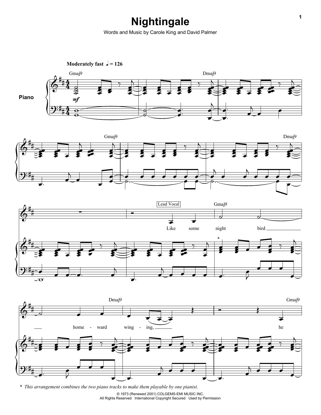 Carole King Nightingale sheet music notes and chords. Download Printable PDF.