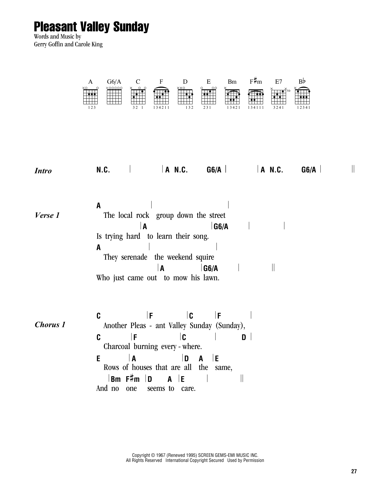 Carole King Pleasant Valley Sunday sheet music notes and chords. Download Printable PDF.