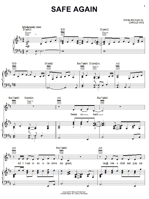 Learn to play Carole King Safe Again sheet music for Piano, Vocal & Guitar Chords (Right-Hand Melody) in minutes. Price: 7.8900$ Carole King Safe Again sheet music notes and chords arranged for Piano, Vocal & Guitar Chords (Right-Hand Melody)