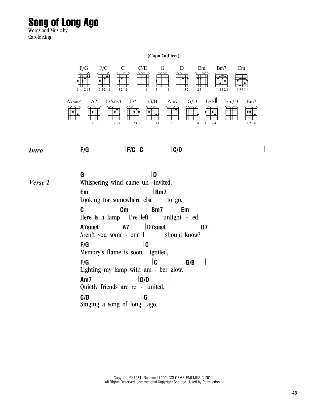 Carole King Song Of Long Ago sheet music notes and chords. Download Printable PDF.