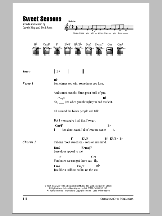 Carole King Sweet Seasons sheet music notes and chords. Download Printable PDF.