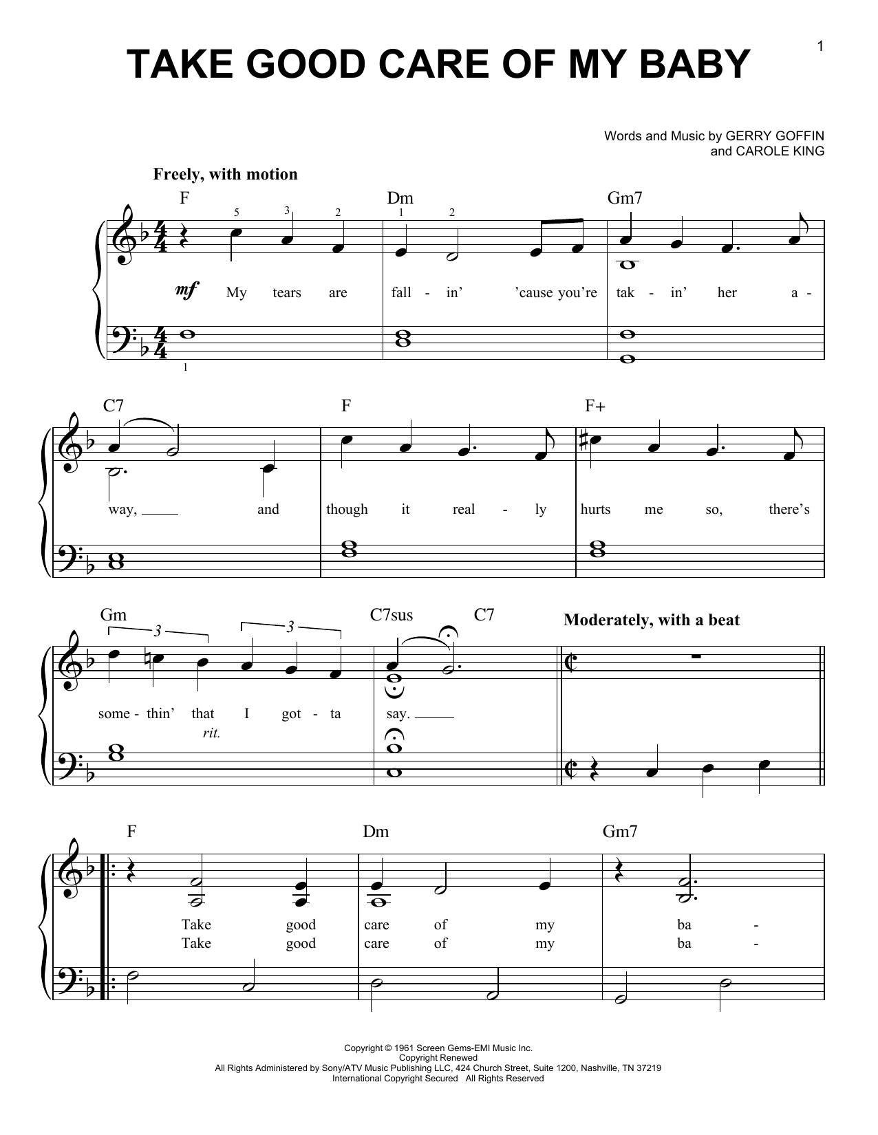 Carole King Take Good Care Of My Baby sheet music notes and chords. Download Printable PDF.