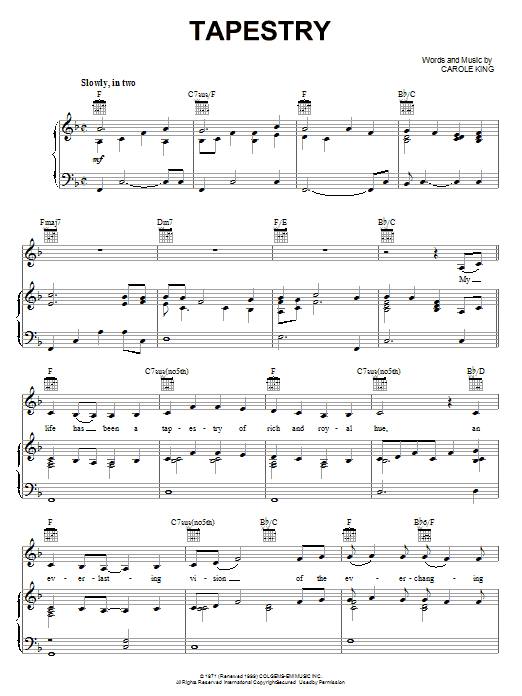 Carole King Tapestry sheet music notes and chords. Download Printable PDF.