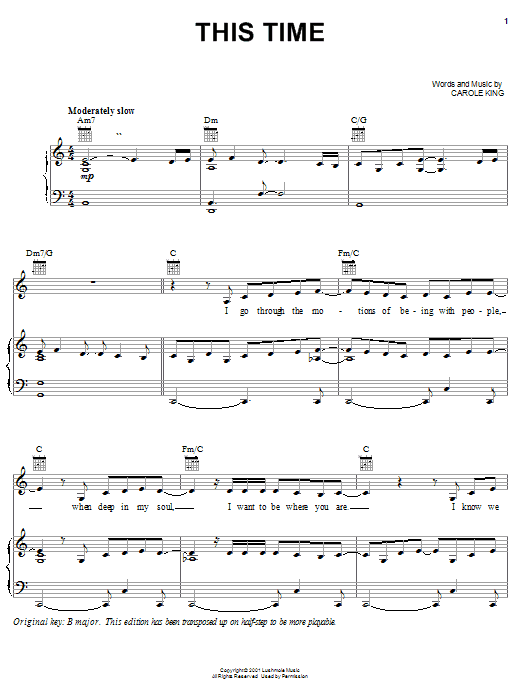 Learn to play Carole King This Time sheet music for Piano, Vocal & Guitar Chords (Right-Hand Melody) in minutes. Price: 7.8900$ Carole King This Time sheet music notes and chords arranged for Piano, Vocal & Guitar Chords (Right-Hand Melody)