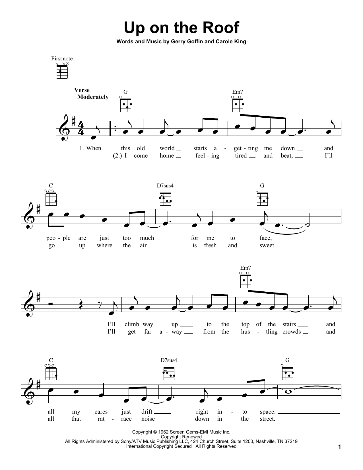 Learn to play Carole King Up On The Roof sheet music for Ukulele in minutes. Price: 5.9900$ Carole King Up On The Roof sheet music notes and chords arranged for Ukulele