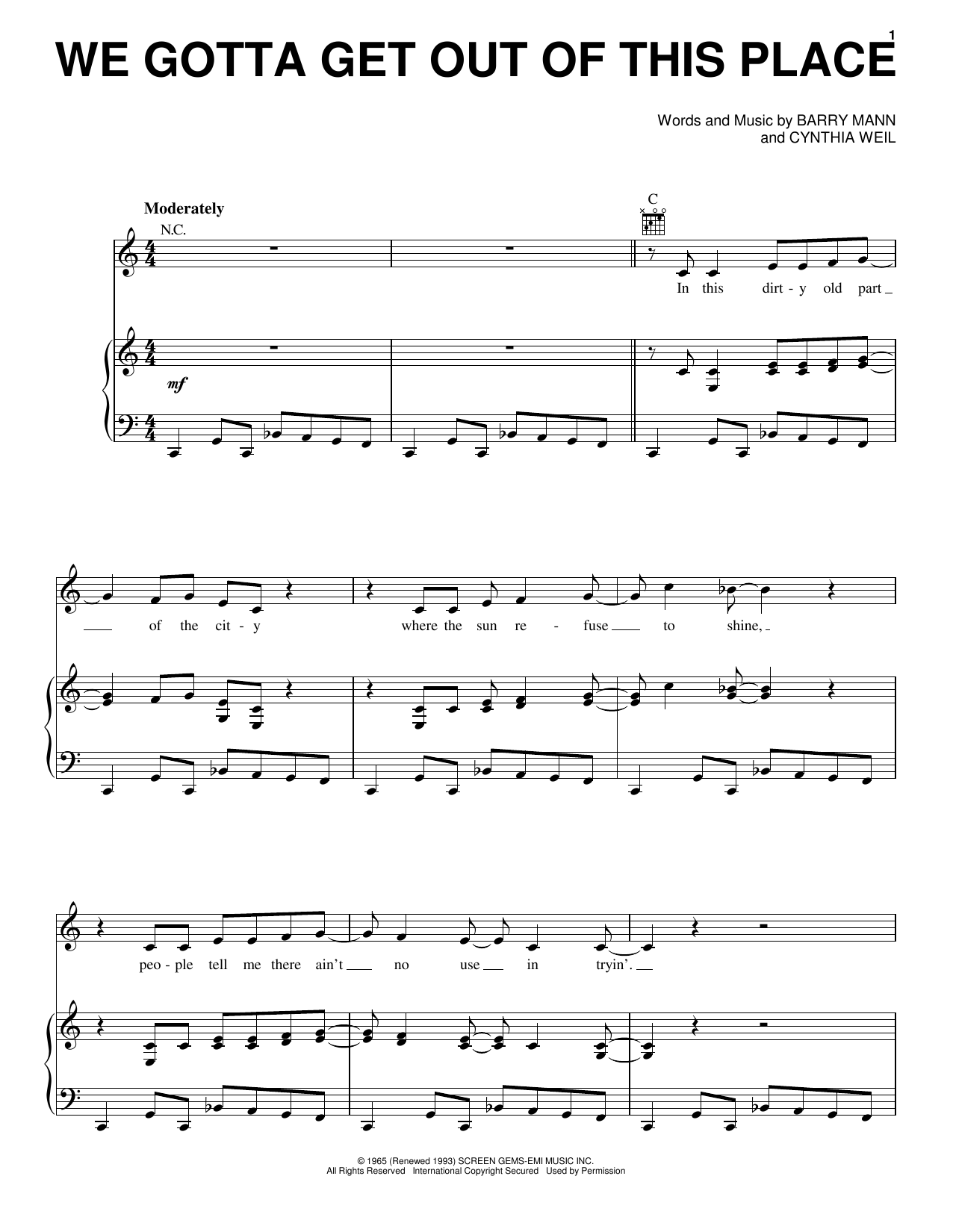 Carole King We Gotta Get Out Of This Place sheet music notes and chords. Download Printable PDF.